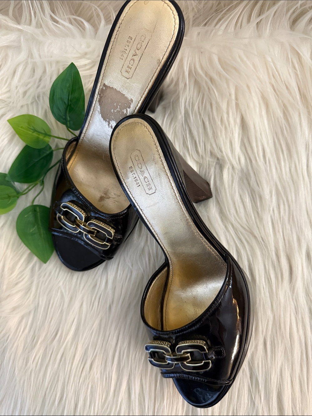 COACH Vintage Black Patent Leather Mule Sandals with Gold Chain Accent